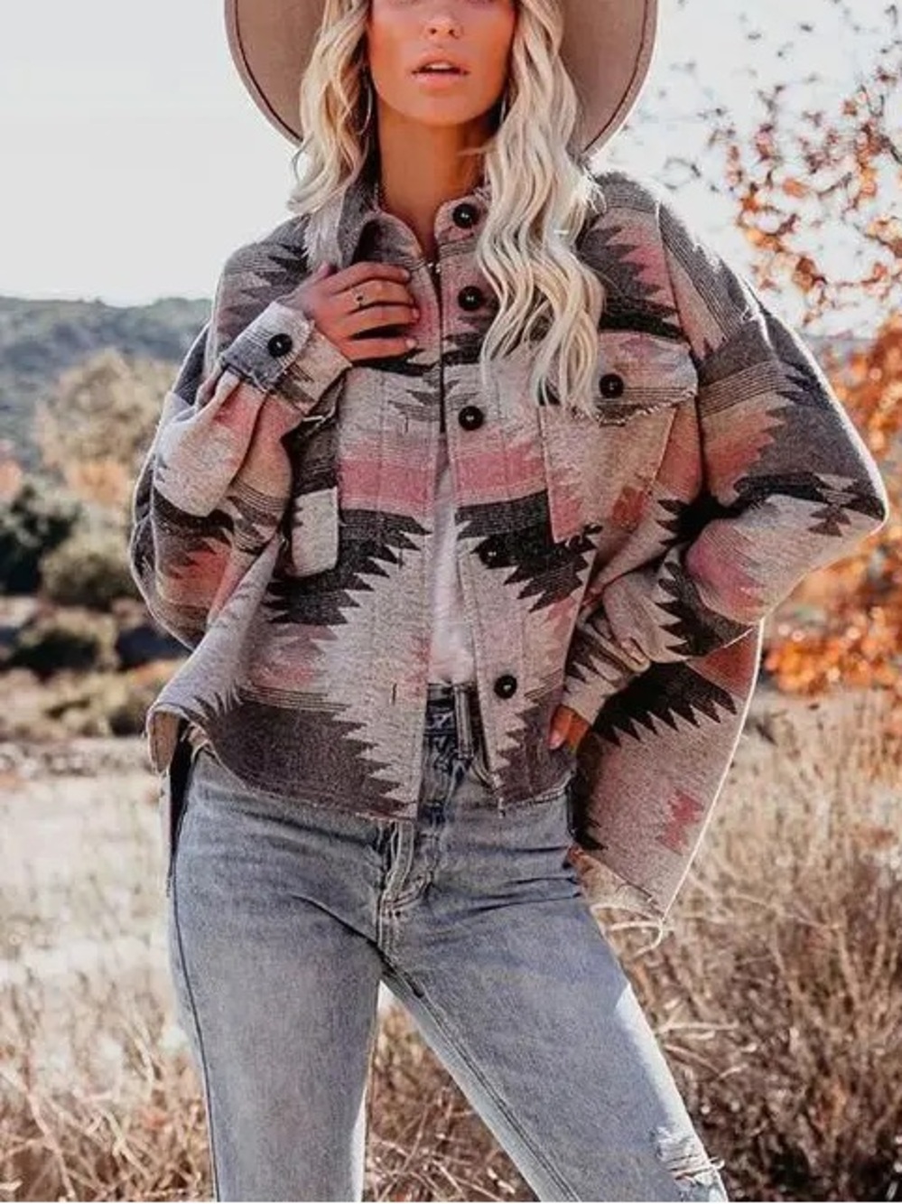 Striped Aztec Shacket Jacket in Blush and Gray